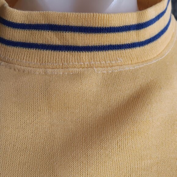 Medium Vintage Creslan Sweatshirt Yellow Pullover Top Ringer Striped Collar 70s - Picture 3 of 9